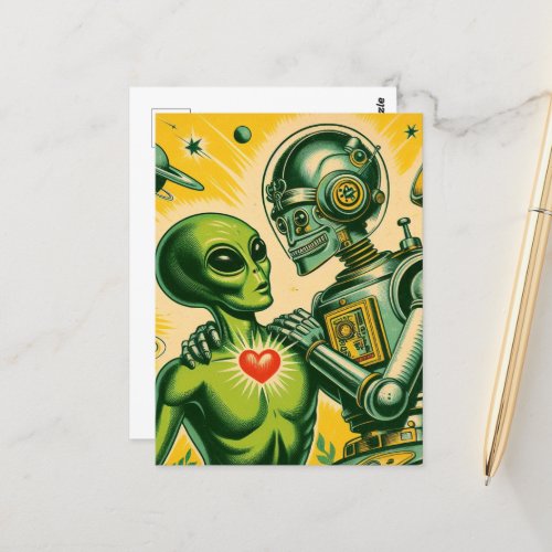 Alien and Robot Retro Love Postcard