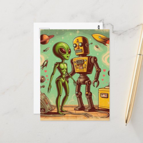 Alien and Robot Retro Love Postcard