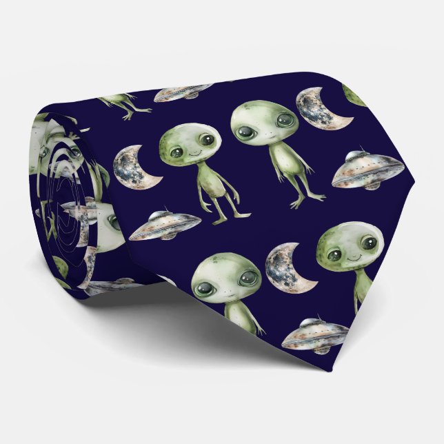 Alien and Spaceship Neck Tie (Rolled)