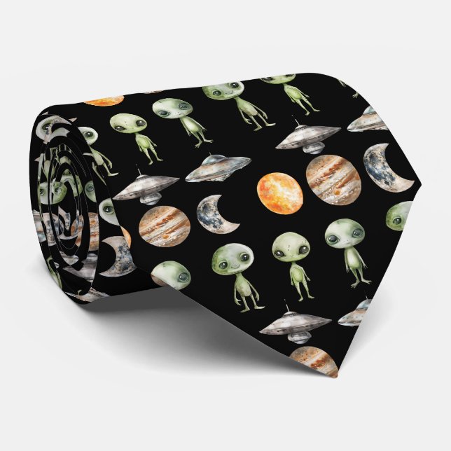 Alien and Spaceship Neck Tie (Rolled)