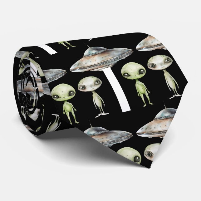 Alien and Spaceship Neck Tie (Rolled)