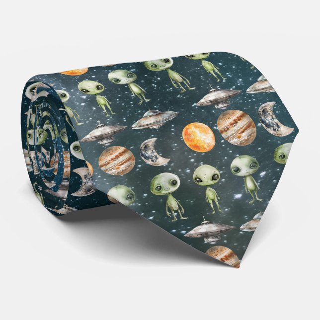 Alien and Spaceship Neck Tie (Rolled)
