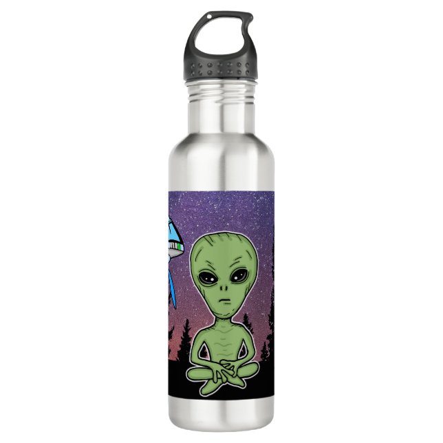 Alien and UfO on Starry Night   Stainless Steel Water Bottle (Front)