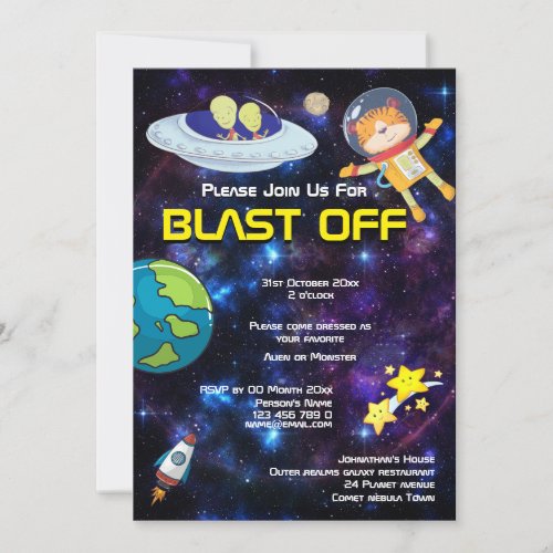 Alien animal astronauts ANY AGE space galaxy party Invitation