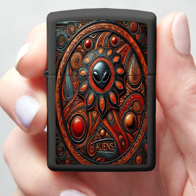 Alien Art Unveiling Cosmic Mysteries Zippo Lighter (In Hand)
