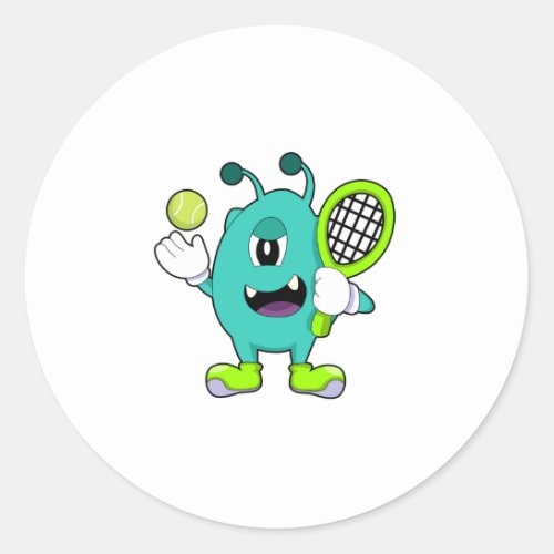 Alien at Tennis with Tennis racket Classic Round Sticker