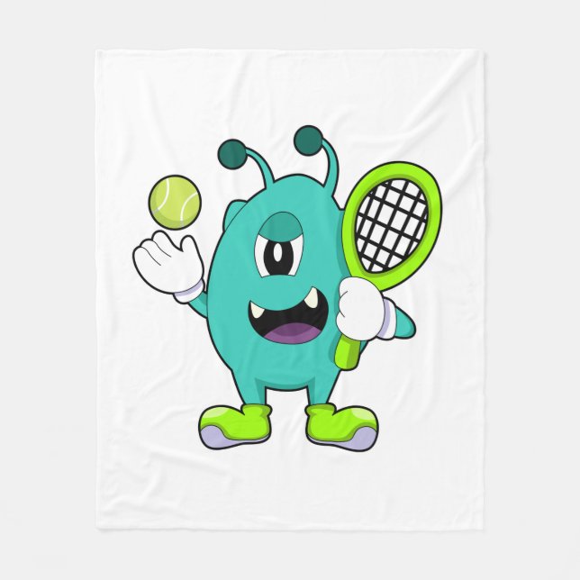 Alien at Tennis with Tennis racket Fleece Blanket (Front)