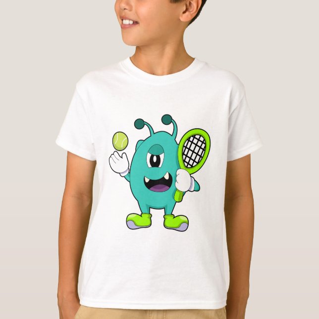 Alien at Tennis with Tennis racket T-Shirt (Front)