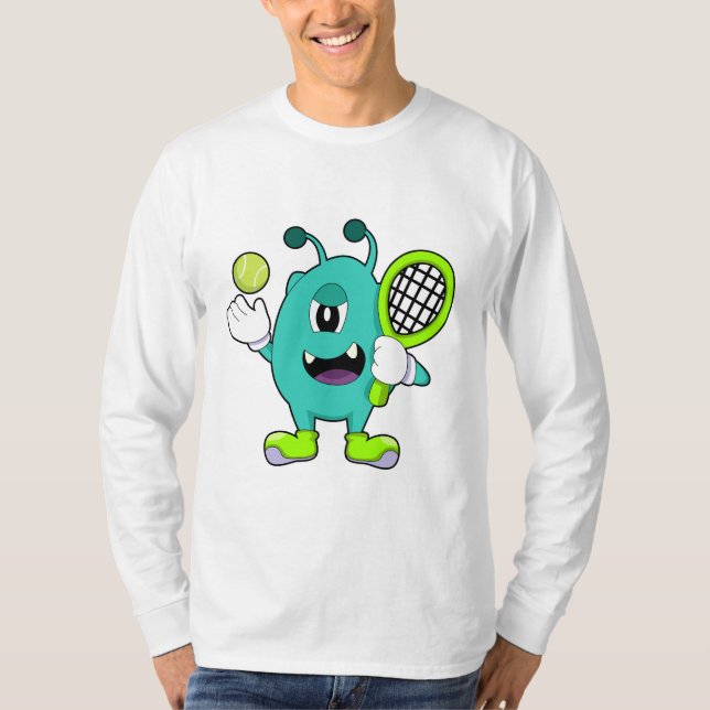 Alien at Tennis with Tennis racket T-Shirt (Front)