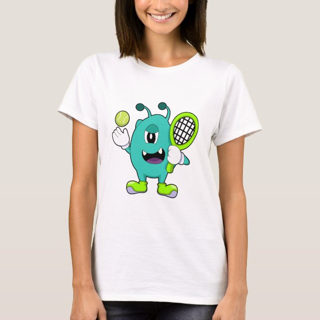 Alien at Tennis with Tennis racket T-Shirt (Front)