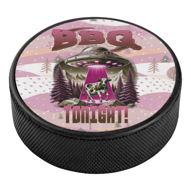 Alien BBQ Cow Abduction Joke Hockey Puck (3/4)