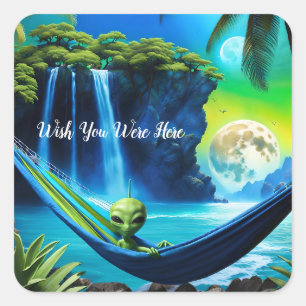 Alien Beach Vacation -Wish You Were Here Square Sticker