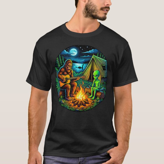 Alien Bigfoot Loch Ness Campfire Sasquatch Funny T-Shirt (Front)