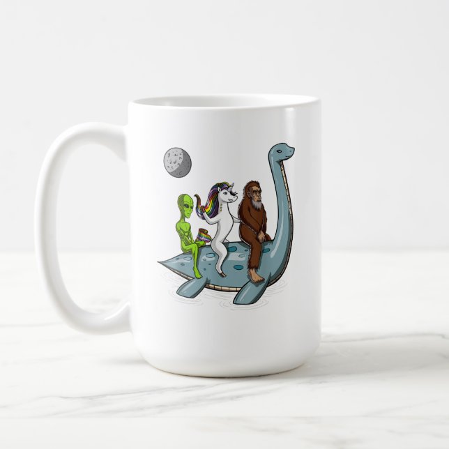 Alien Bigfoot Unicorn Riding Loch Ness Monster Coffee Mug (Left)