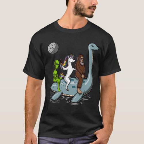Alien Bigfoot Unicorn Riding Loch Ness Monster Cry T_Shirt