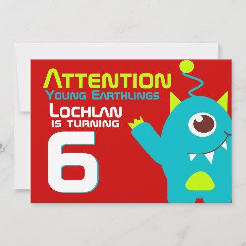 Alien birthday boy 6th aqua orange invitation