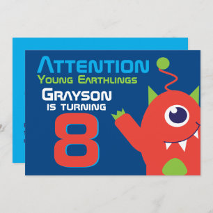 Alien birthday boy 8th blue orange invitation