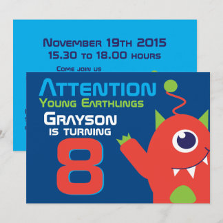 Alien birthday boy 8th blue orange invitation