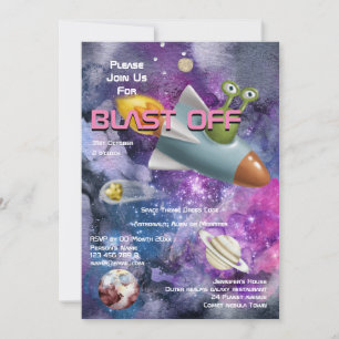 Alien cartoon cute UFO girls space theme party Invitation
