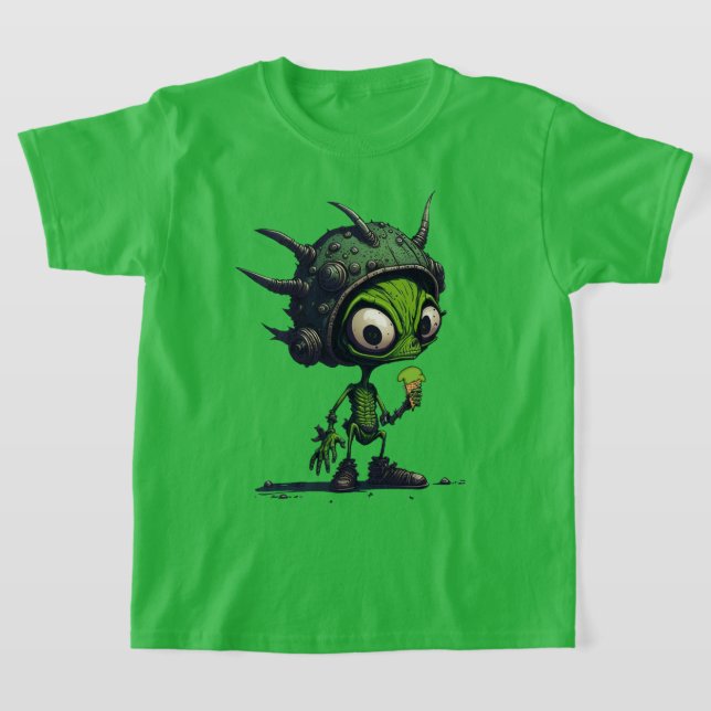 Alien Cartoon Design Enjoying Ice Cream Cone Cool T-Shirt (Laydown)