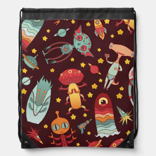 Alien Cartoon Vintage Space Fun Drawstring Bag