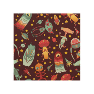 Alien Cartoon: Vintage Space Fun Wood Wall Art