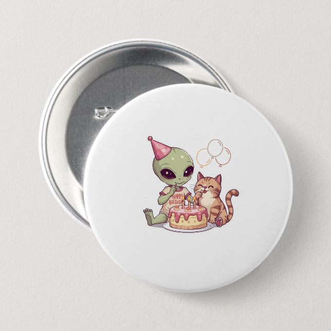 Alien Cat Birthday Party Cartoon Button (Front & Back)