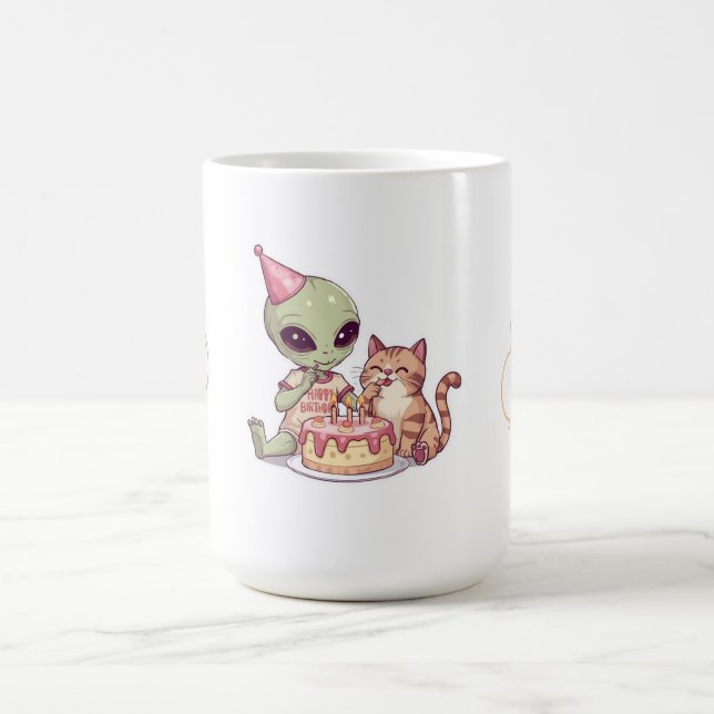 Alien Cat Birthday Party Cartoon Coffee Mug (Center)