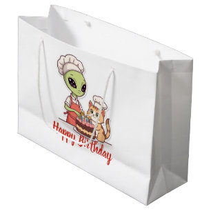 Alien Cat Birthday Party Cartoon Large Gift Bag