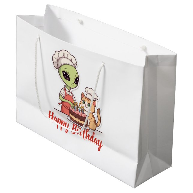 Alien Cat Birthday Party Cartoon Large Gift Bag (Front Angled)