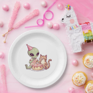 Alien Cat Birthday Party Cartoon Paper Plates