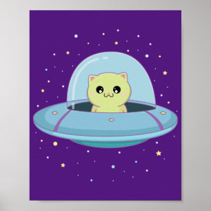 alien cat flying alien saucer poster