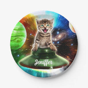 Alien cat in the ufo saucer paper plates