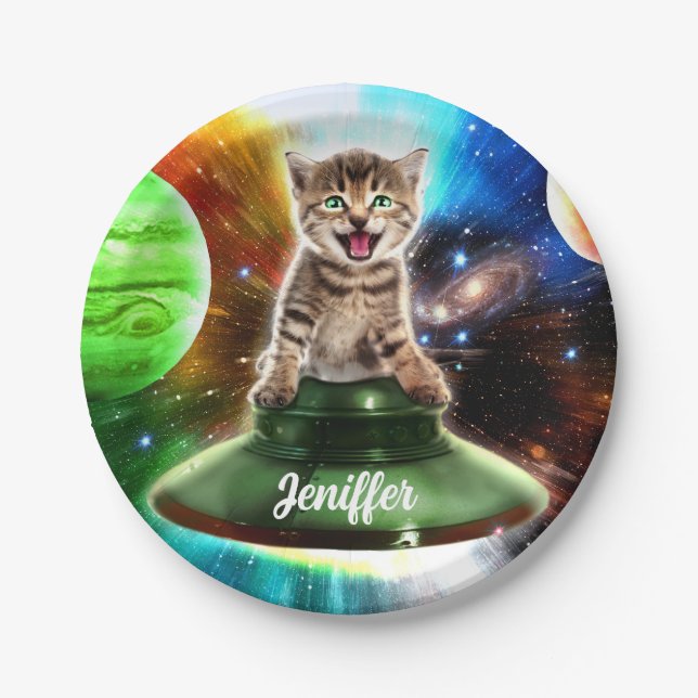 Alien cat in the ufo saucer                        paper plates (Front)