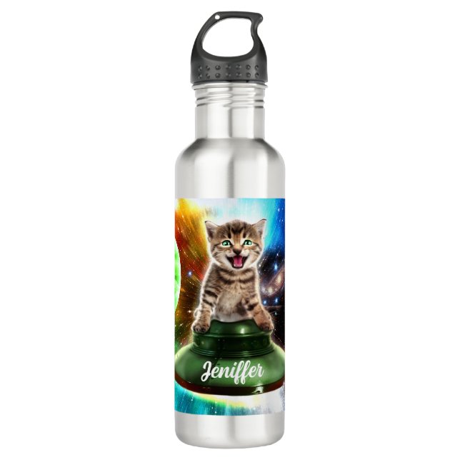 Alien cat in the ufo saucer                        stainless steel water bottle (Front)