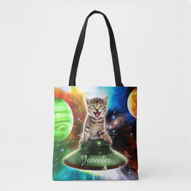 Alien cat in the ufo saucer                        tote bag (Front)