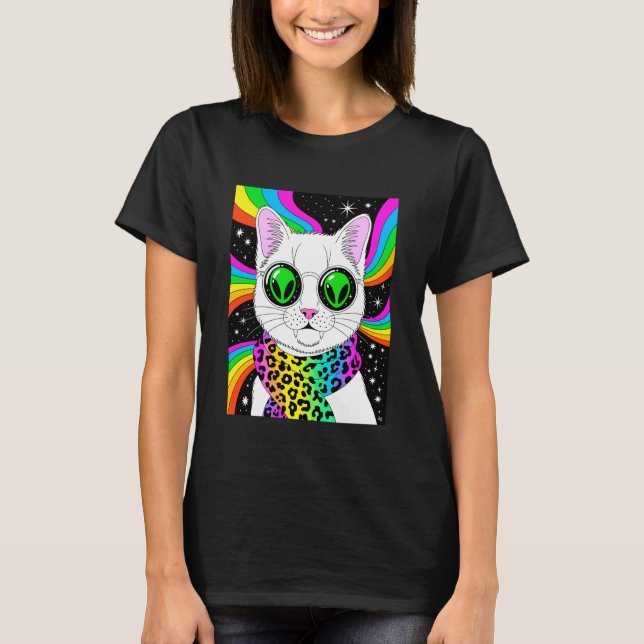 Alien Cat Rainbow Trippy Art Funny T-Shirt (Front)
