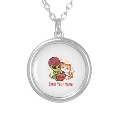 Alien & Cat Sharing Ramen Kawaii Art Silver Plated Necklace
