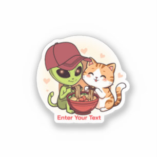 Alien & Cat Sharing Ramen Kawaii Art Sticker