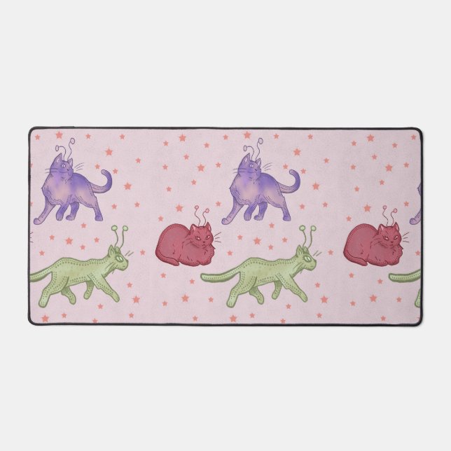 Alien Cats Whimsical Space Cat Funny Sci-Fi Desk Mat (Front)