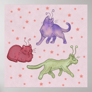 Alien Cats Whimsical Space Cat Funny Sci-Fi Poster