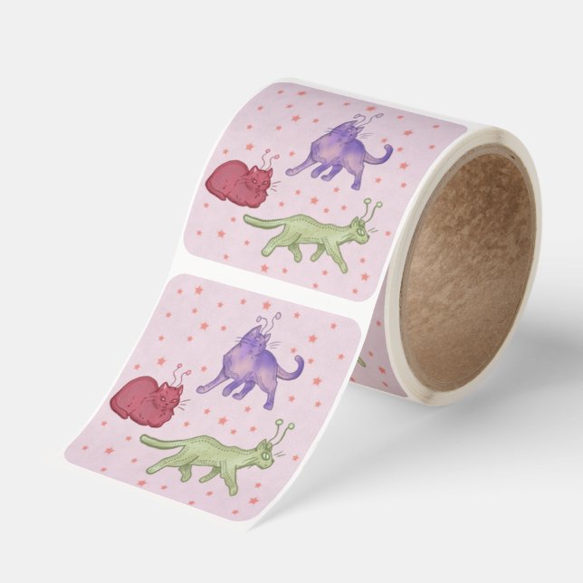 Alien Cats Whimsical Space Cat Funny Sci-Fi Square Sticker (Roll)