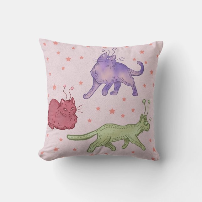 Alien Cats Whimsical Space Cat Funny Sci-Fi Throw Pillow (Front)