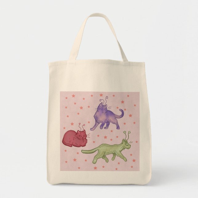 Alien Cats Whimsical Space Cat Funny Sci-Fi Tote Bag (Front)