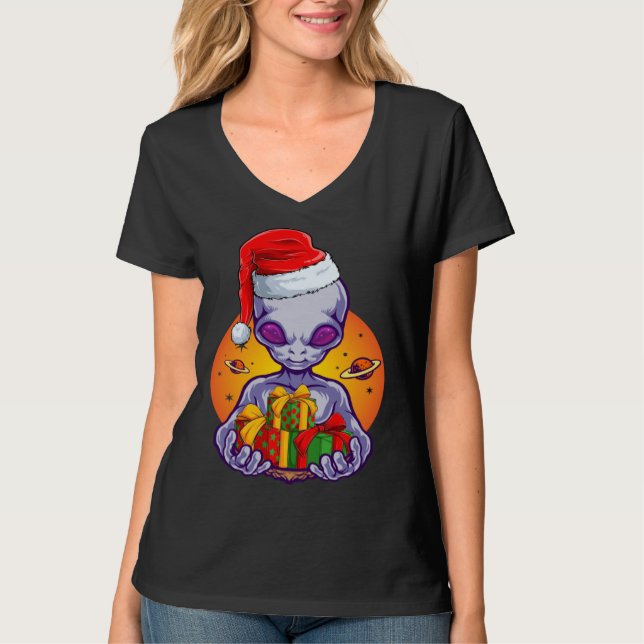 Alien Christmas for Kids Boys Men Santa Hat T-Shirt (Front)