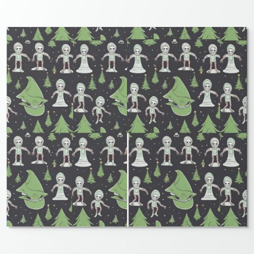 Alien Christmas holiday spaceship wrapping paper