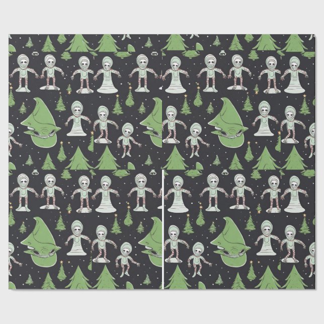 Alien Christmas holiday spaceship wrapping paper (Seam)