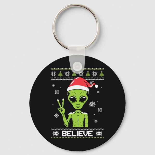 Alien Christmas Sweater Believe Funny Xmas Alien S Keychain (Front)