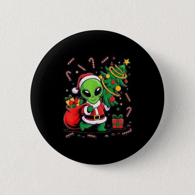Alien Christmas Tree Lights Xmas Funny Alien  Button (Front)