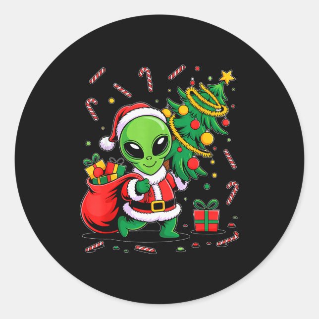 Alien Christmas Tree Lights Xmas Funny Alien  Classic Round Sticker (Front)
